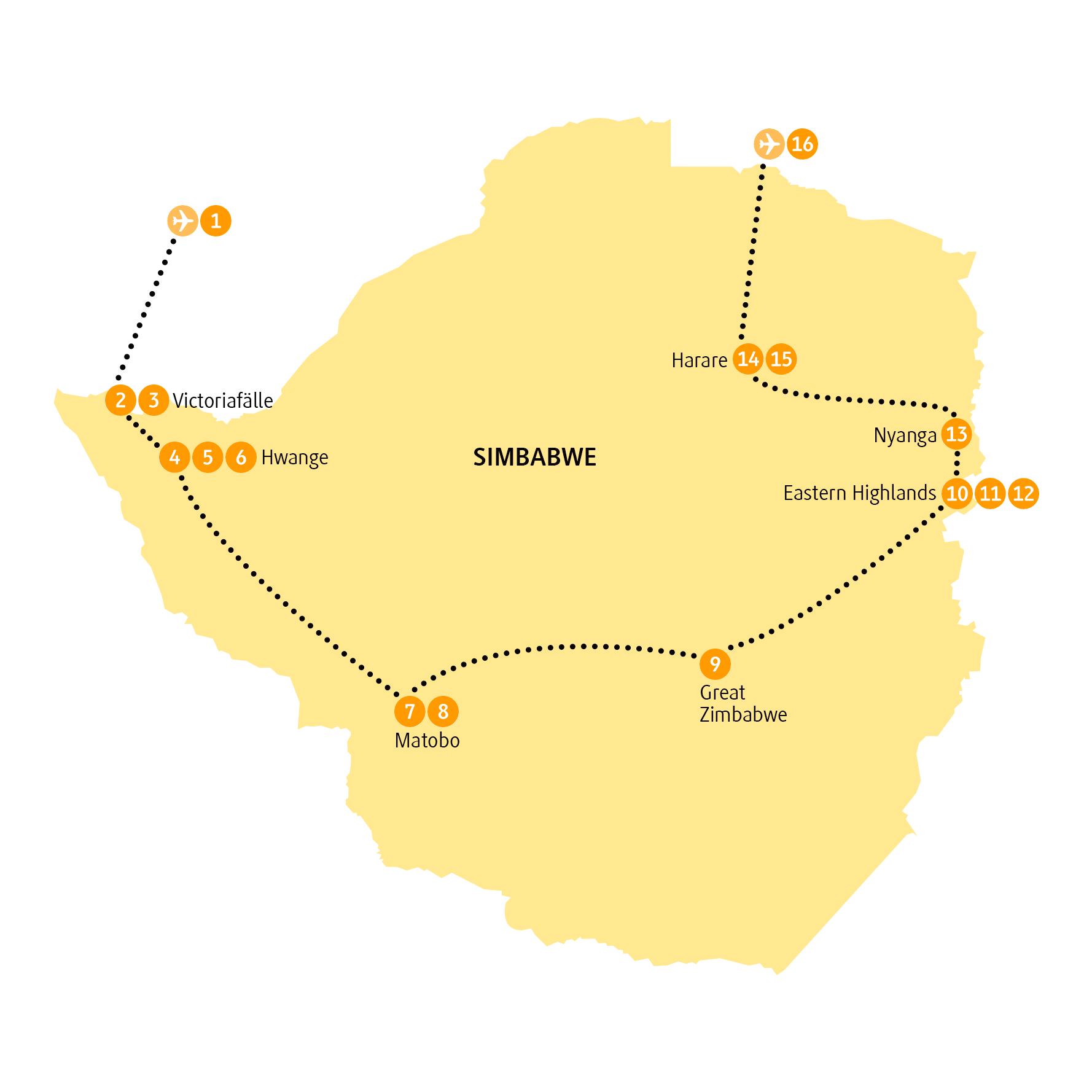 Reiseroute Matobo